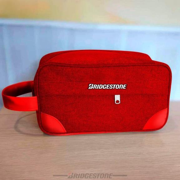 Red branded travel clutch bag with carry handle
