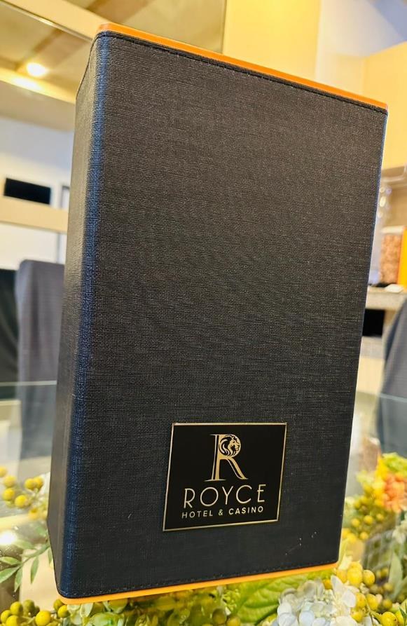 Closed leatherette wine trunk with embossed hotel crest